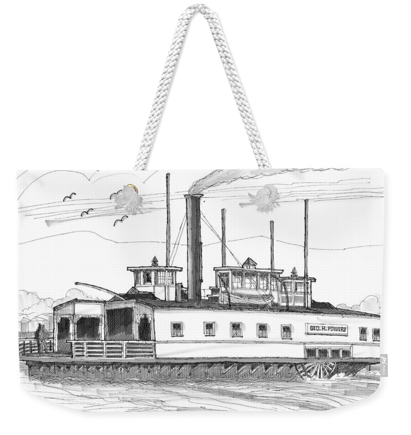 Geo H Powers Weekender Tote Bag featuring the drawing Hudson River Steam Ferry Boat Geo H Powers by Richard Wambach