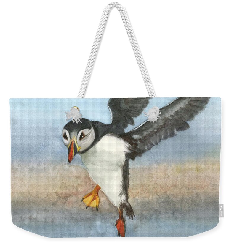 Bird Weekender Tote Bag featuring the painting Huffing and Puffin by Vicki B Littell