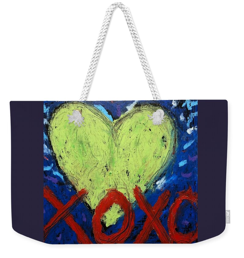 Xoxo Weekender Tote Bag featuring the mixed media Hugs and Kisses with Green Heart by Lynda Zahn