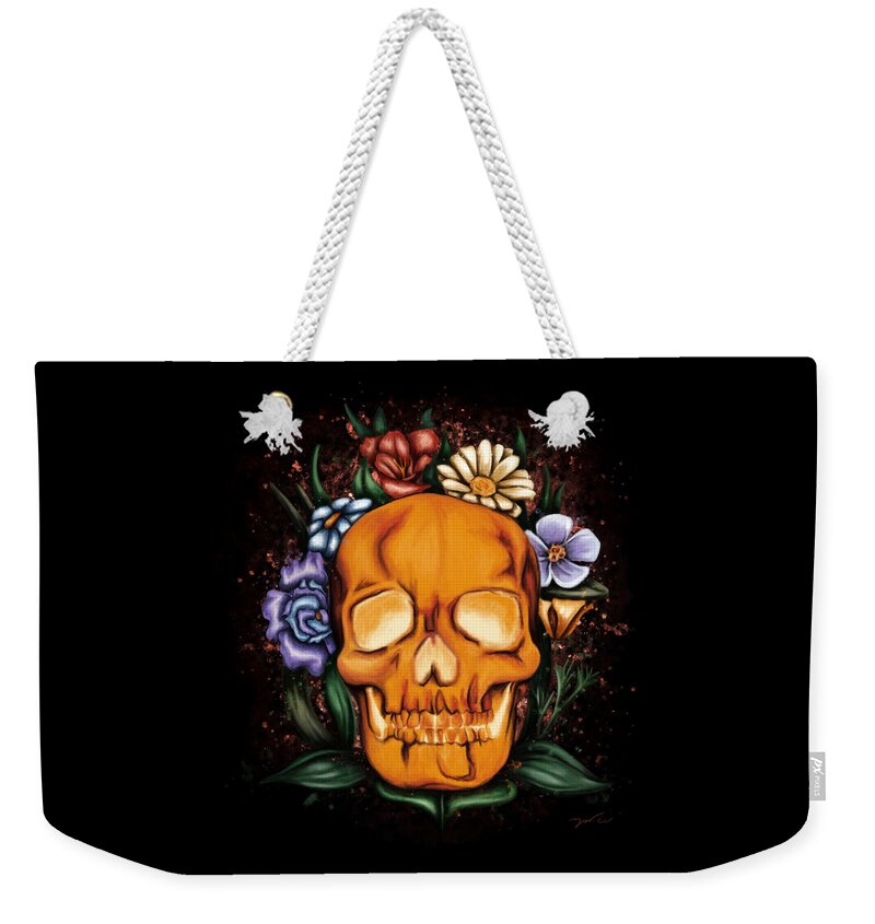 Human Skull Weekender Tote Bag featuring the painting Human skull painting, Skull and flowers by Nadia CHEVREL