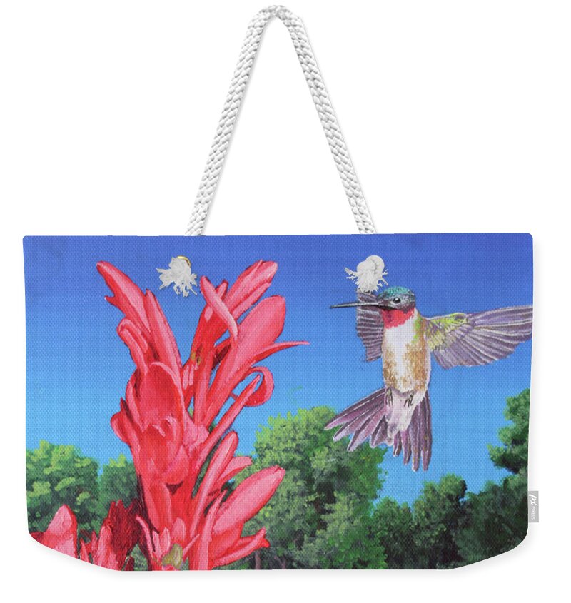 Hummingbird Weekender Tote Bag featuring the painting Hummingbird and Flower by Michael Goguen