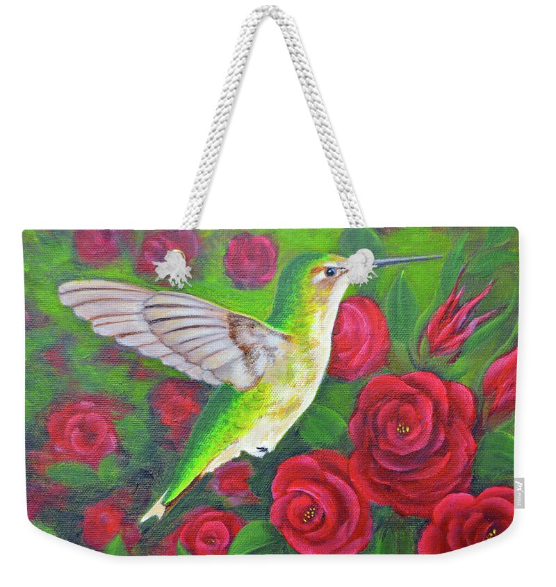 Hummingbird Weekender Tote Bag featuring the painting Hummingbird and Roses by Jimmie Bartlett