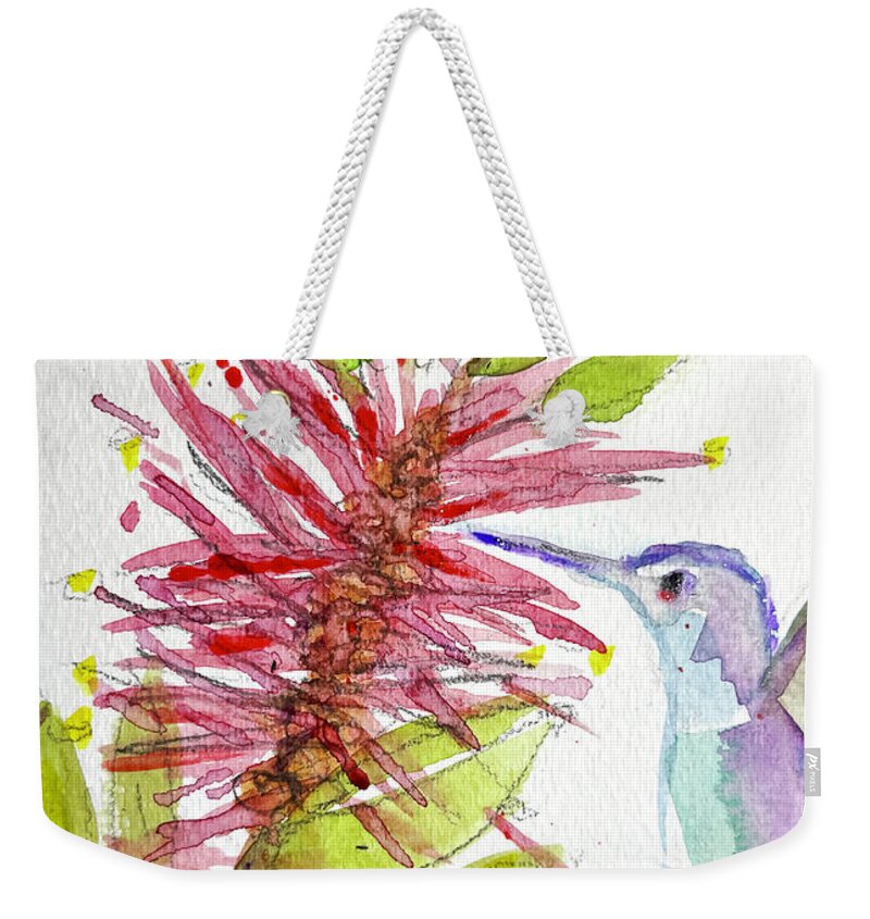 Hummingbird Weekender Tote Bag featuring the painting Hummingbird by a Bottle Brush by Roxy Rich