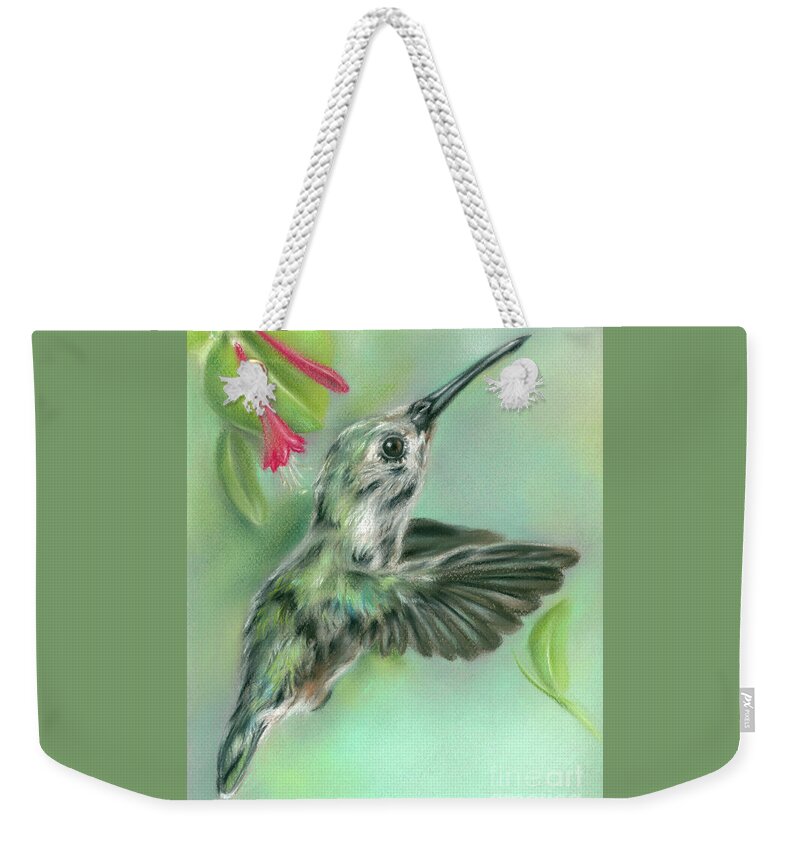 Bird Weekender Tote Bag featuring the painting Hummingbird in Flight Near Honeysuckle by MM Anderson