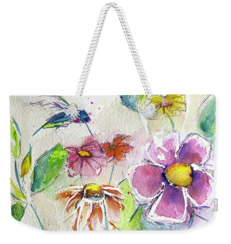 Watercolor Weekender Tote Bag featuring the painting Hummingbird in the Garden by Roxy Rich