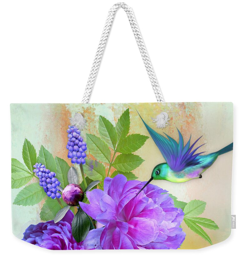 Hummingbird Weekender Tote Bag featuring the digital art Hummingbird on Peony Rose by Morag Bates