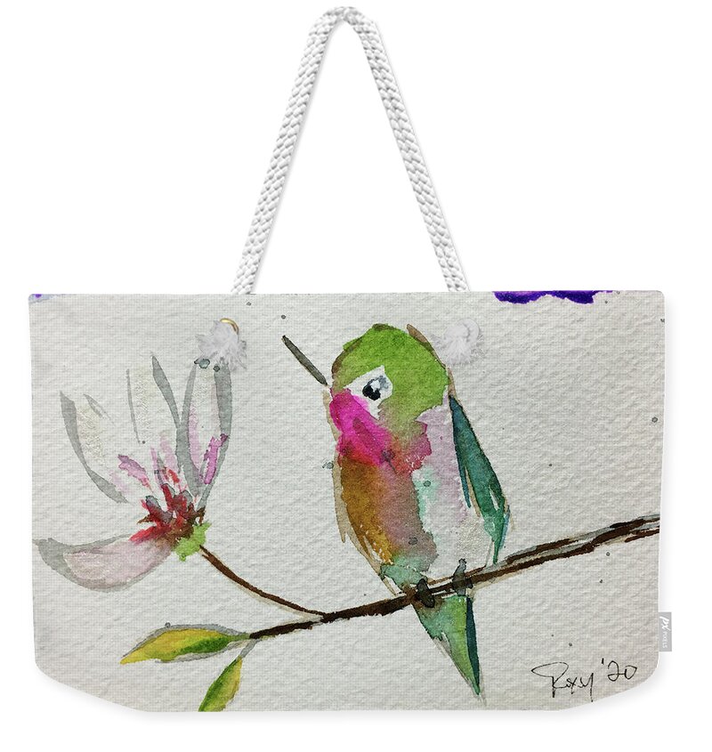 Grand Tit Weekender Tote Bag featuring the painting Hummingbird with Magnolia Blossom by Roxy Rich
