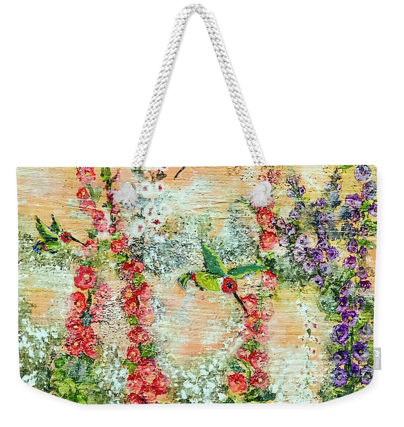 Hummingbirds Weekender Tote Bag featuring the painting Hummingbirds playing on a misty morn in Summer by Bonnie Marie