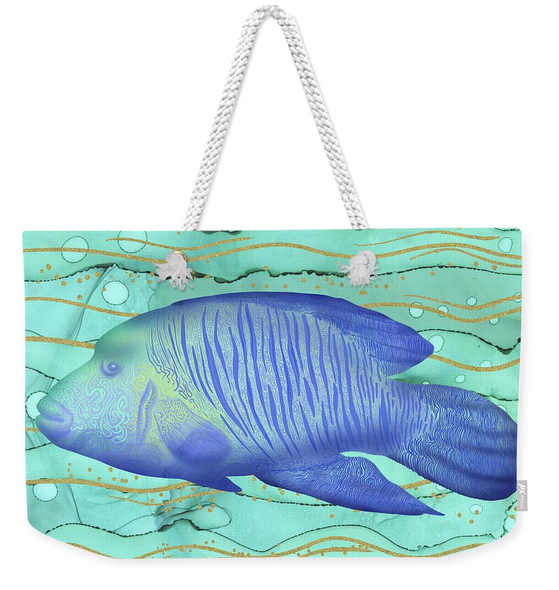 Wrasse Fish Weekender Tote Bag featuring the digital art Humphead Wrasse Colorful Fish Swimming in the Emerald Ocean by Andreea Dumez