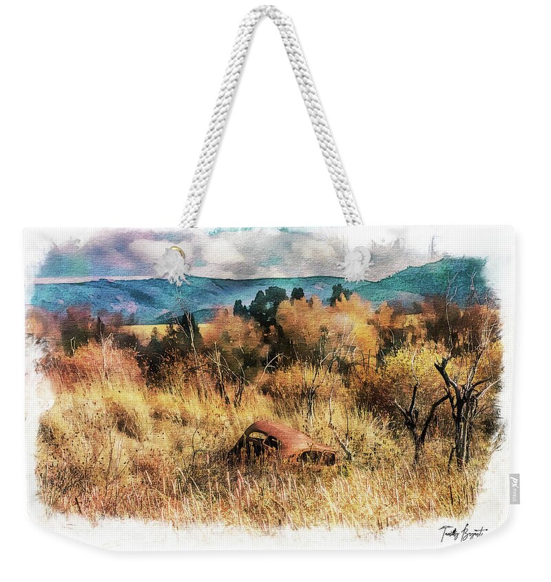 Car Weekender Tote Bag featuring the photograph Hwy 26 Landmark w/ Dream Vignette Border by Tammy Bryant