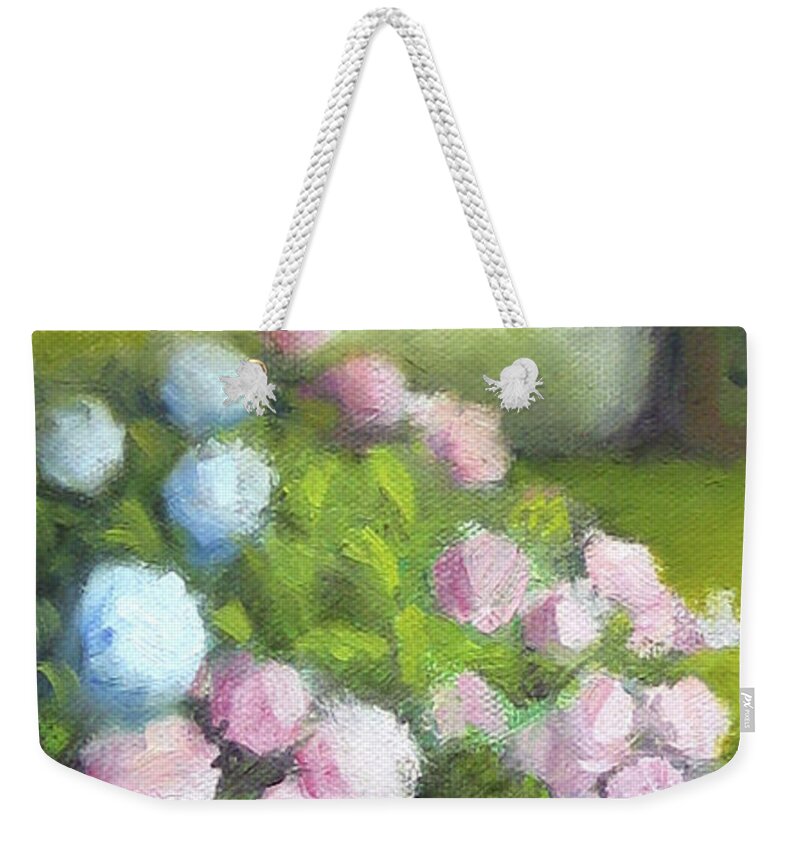 Landscape Weekender Tote Bag featuring the painting Hydrangeas by Linda Anderson