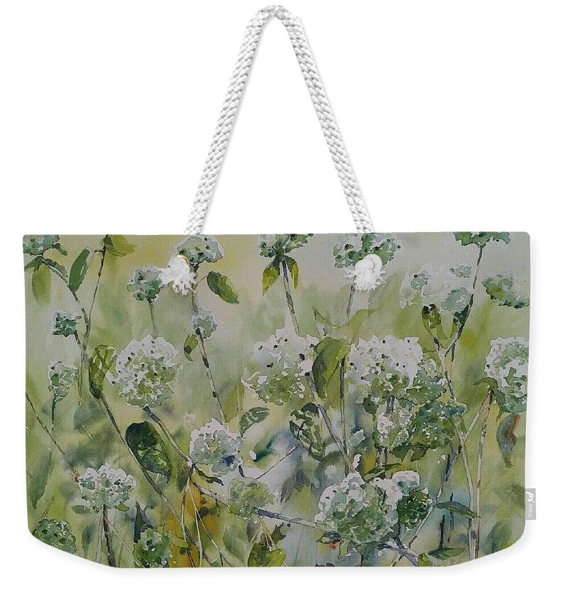 Rustic Garden Weekender Tote Bag featuring the painting Hydrangeas by Sheila Romard