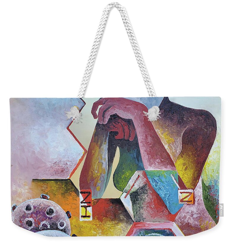Covid-19 Weekender Tote Bag featuring the painting Hydroxychloroquine - The Covid-19 Debacle by Obi-Tabot Tabe