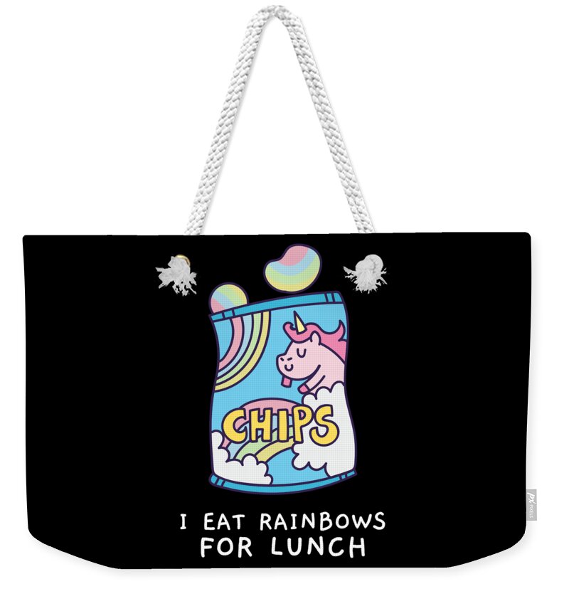 Cool Weekender Tote Bag featuring the digital art I Eat Rainbows for Lunch Unicorn Chips by Flippin Sweet Gear