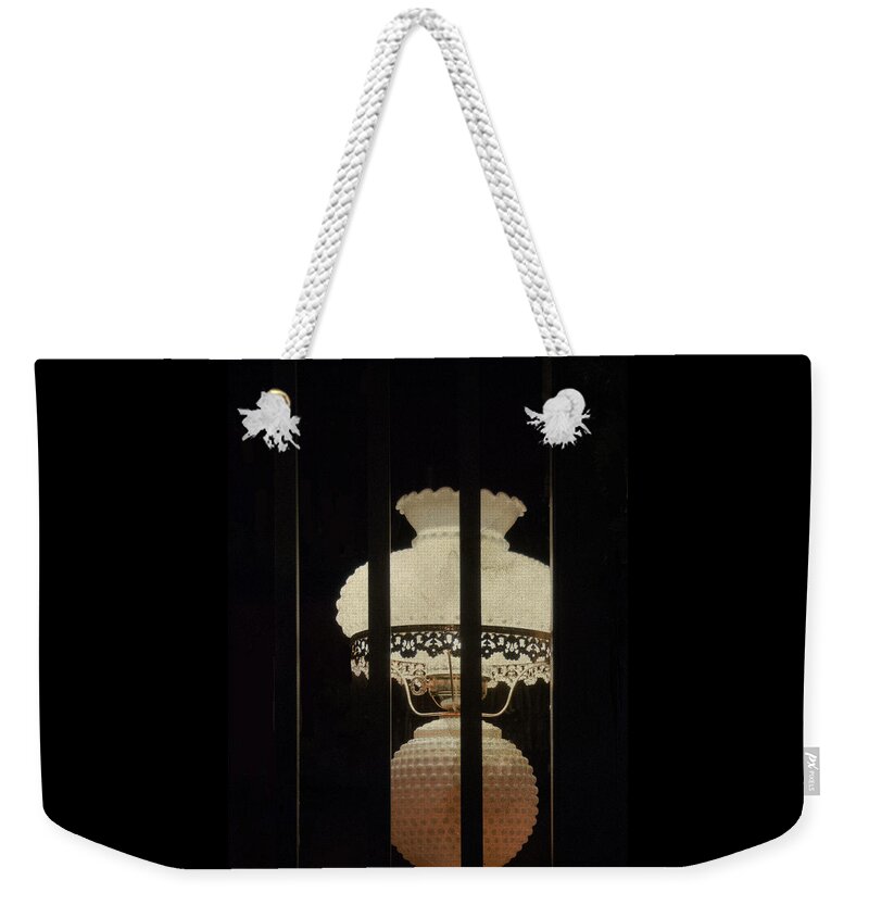 Lamp Weekender Tote Bag featuring the mixed media I Leave a Light On by Moira Law