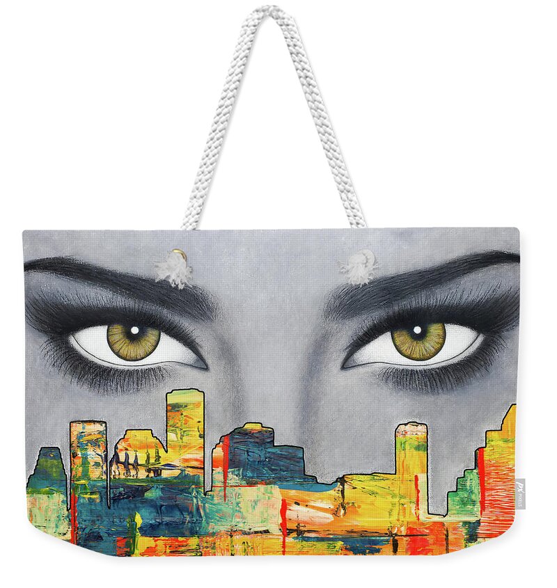 Houston Weekender Tote Bag featuring the mixed media I Love Houston III by Lynet McDonald