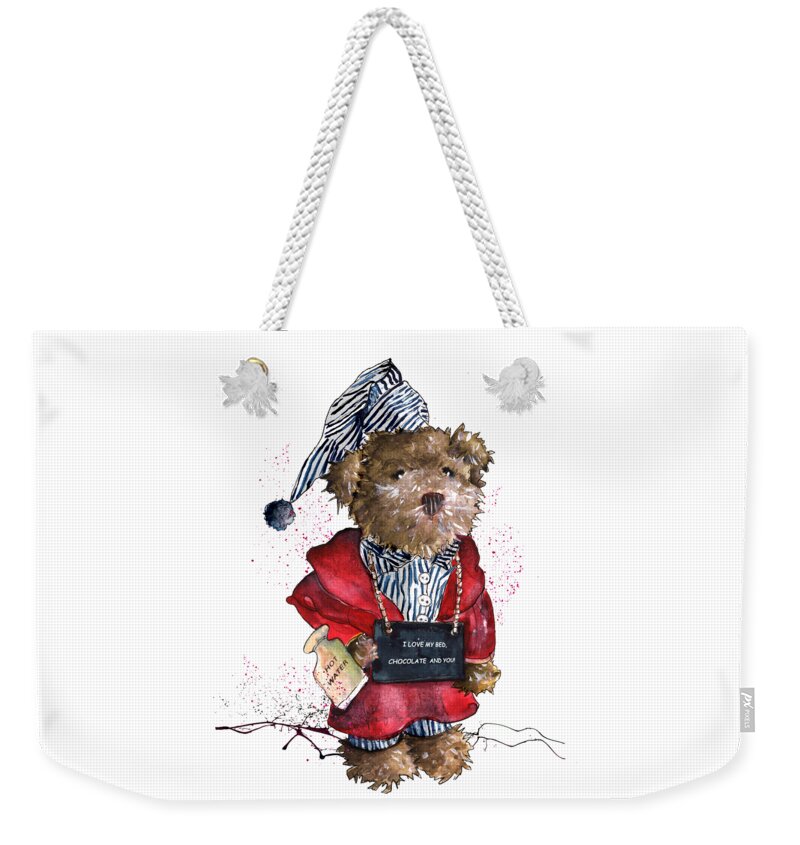Bear Weekender Tote Bag featuring the painting I Love My Bed Chocolate And You by Miki De Goodaboom