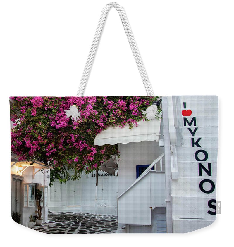 Mykonos Weekender Tote Bag featuring the photograph I Love Mykonos by Rebecca Herranen
