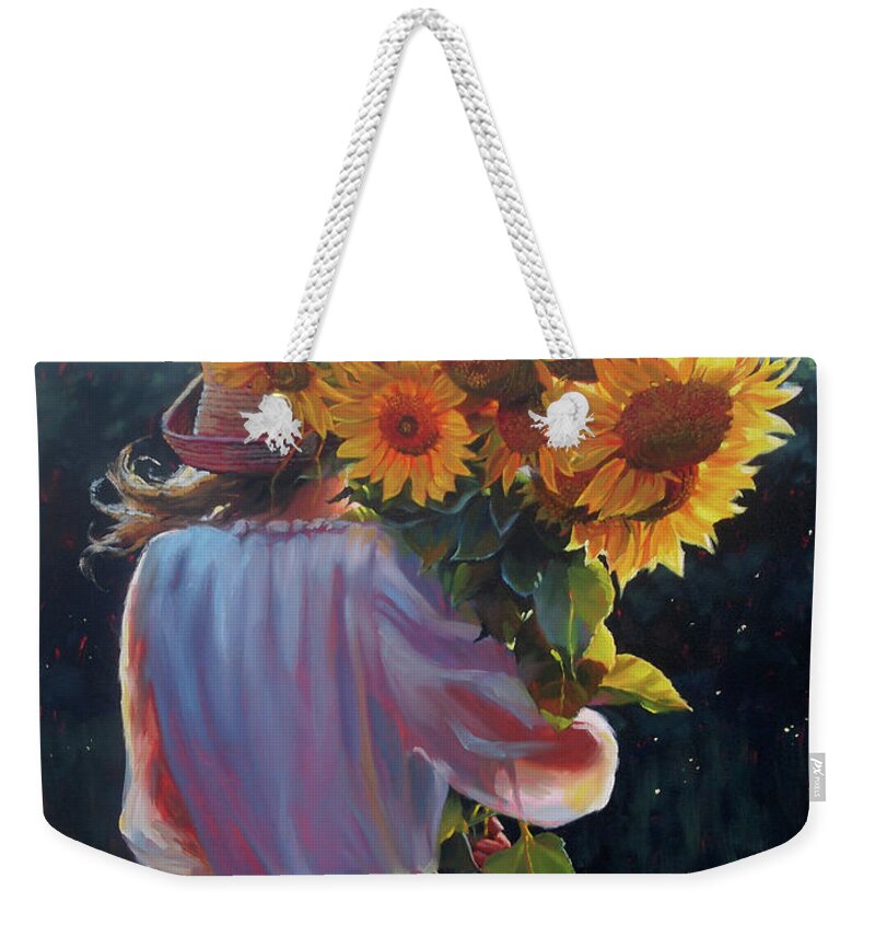 Girl Weekender Tote Bag featuring the painting I Love the Flower Girl by Marguerite Chadwick-Juner