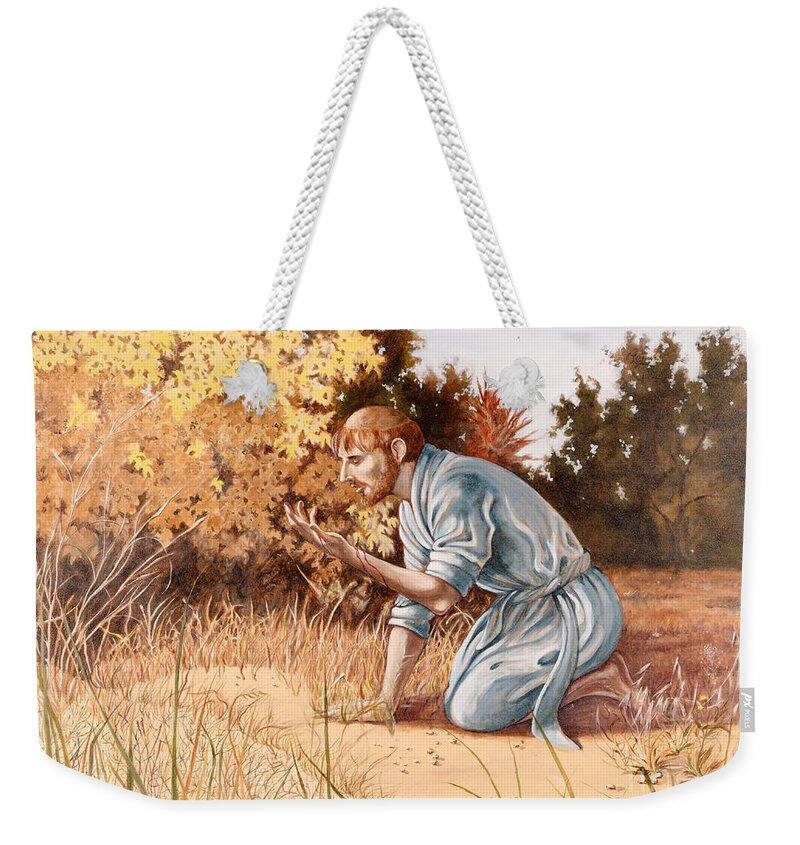 St Francis Weekender Tote Bag featuring the painting I Will Hold Out My Hand and My Heart Will Be In It -1979 by William Hart McNichols