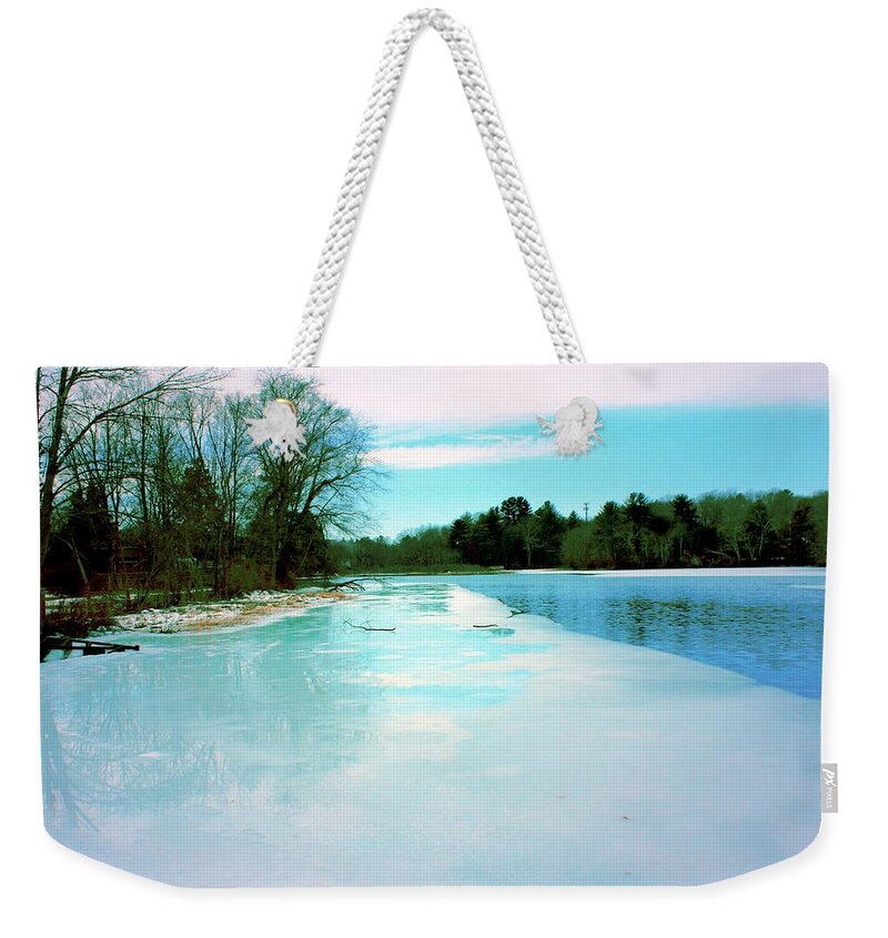 Water Weekender Tote Bag featuring the digital art Ice on the Mill Pond by Cliff Wilson