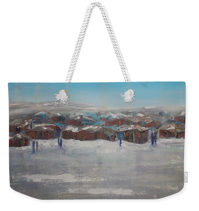 Northern Village Weekender Tote Bag featuring the painting Ice Village by Ruth Kamenev