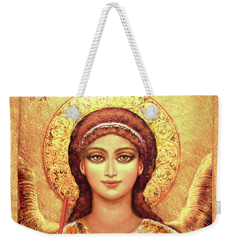 Christian Icons Print Weekender Tote Bag featuring the mixed media Icon Archangel Gabriel by Ananda Vdovic