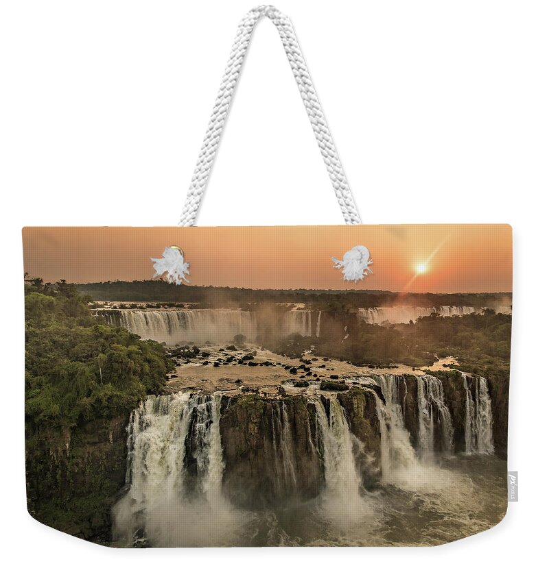Waterfall Weekender Tote Bag featuring the photograph Iguazu Sunset by Linda Villers