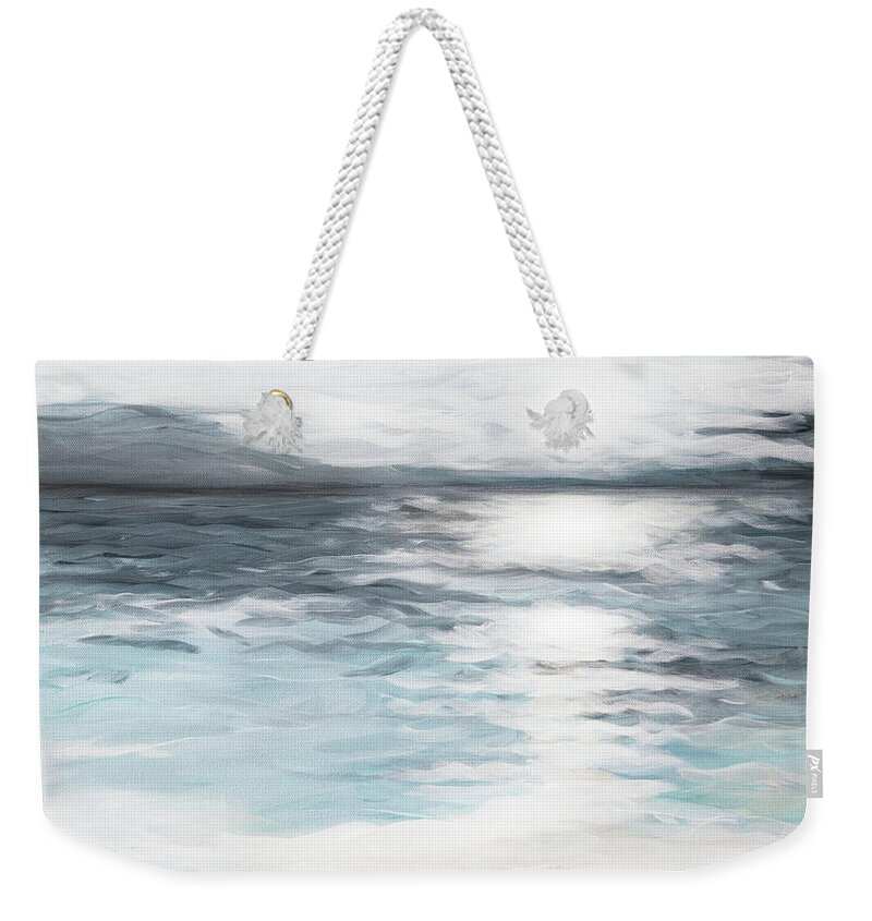 Impressionist Impressionistic Ocean Sunrise Soft Teal Indigo Blue White Reflection Weekender Tote Bag featuring the painting Impression by Pamela Schwartz