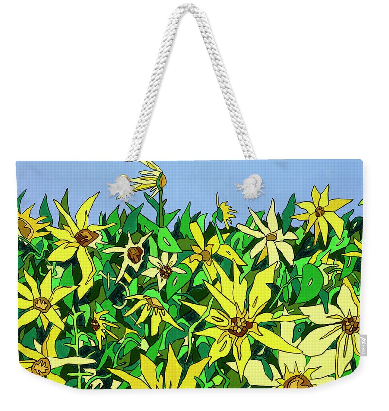 Sunflowers Long Island Summer Flowers Sun Weekender Tote Bag featuring the painting In Northfork Gardens by Mike Stanko