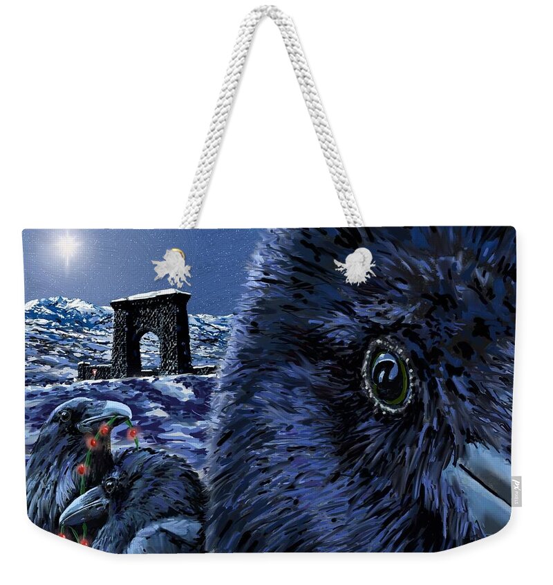 Raven Christmas Cards Weekender Tote Bag featuring the digital art In the Eye of the Raven, For the Benefit and Enjoyment of the People by Les Herman