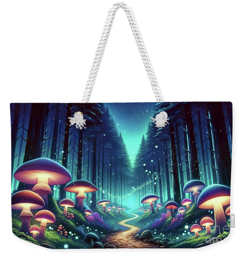 Fantasy Weekender Tote Bag featuring the digital art In the magical forest, bioluminescent mushrooms and fireflies glow by Odon Czintos