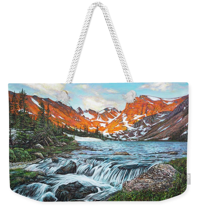 Colorado Weekender Tote Bag featuring the painting Indian Peaks Wilderness by Aaron Spong