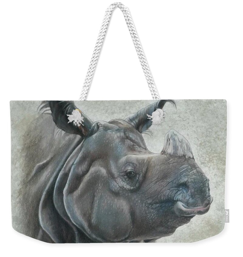 Rhino Weekender Tote Bag featuring the mixed media Vulnerable by Barbara Keith