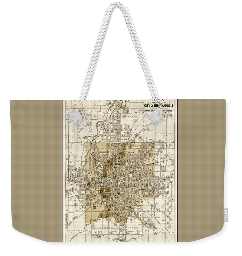 Indianapolis Weekender Tote Bag featuring the photograph Indianapolis and Center Township Vintage Map 1926 Sepia by Carol Japp