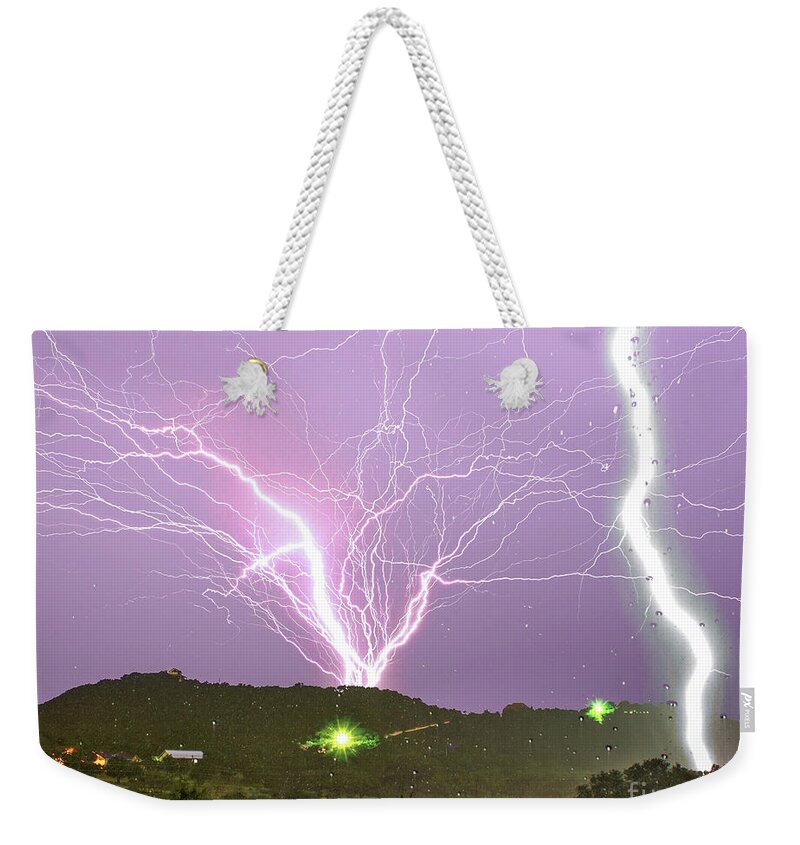 Insane Weekender Tote Bag featuring the photograph Insane Tower Lightning by Michael Tidwell