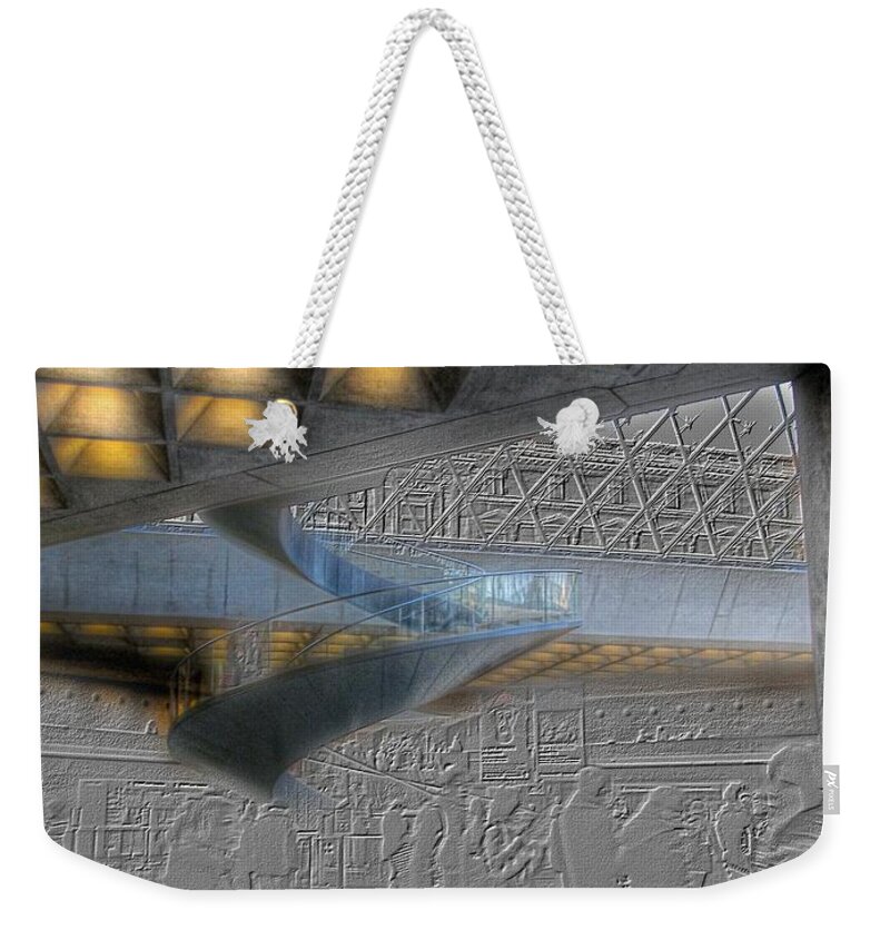 Louvre Weekender Tote Bag featuring the photograph Inside the Louvre in Paris - Emboss and colors series by Marianna Mills