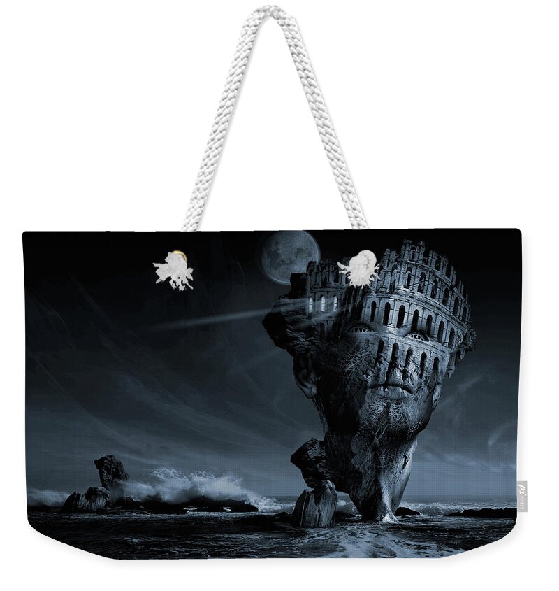 Romantic Idealistic Phantasmagoric Digital Poster Limited Edition Giclee Art Print Metaphorical Allegorical Symbolic. Horizon Sea Stone Rock Face Architecture Wave Landscape Scenery Philosophical Thoughtful Idealistic Art Surrealism Digital Picture Blue Photo-manipulation 3d Matte Painting Photography Surreal Surrealistic Weekender Tote Bag featuring the digital art Insomnia or Nocturnal Awakening by George Grie