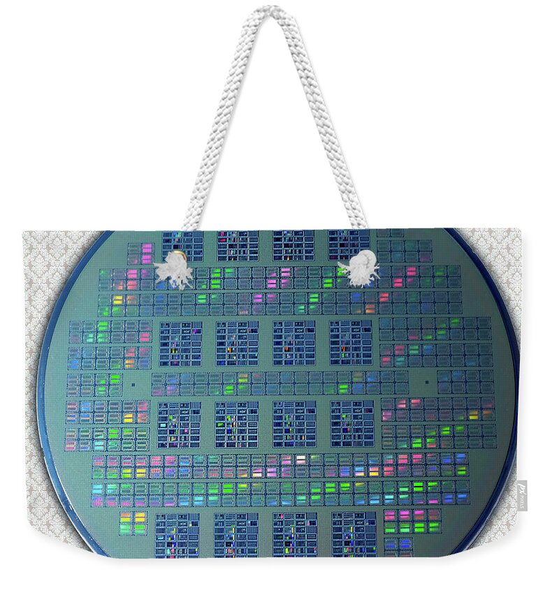Intel Weekender Tote Bag featuring the photograph Intel 4001 ROM CPU Silicon Wafer Chipset Integrated Circuit, Silicon Valley 1971 by Kathy Anselmo