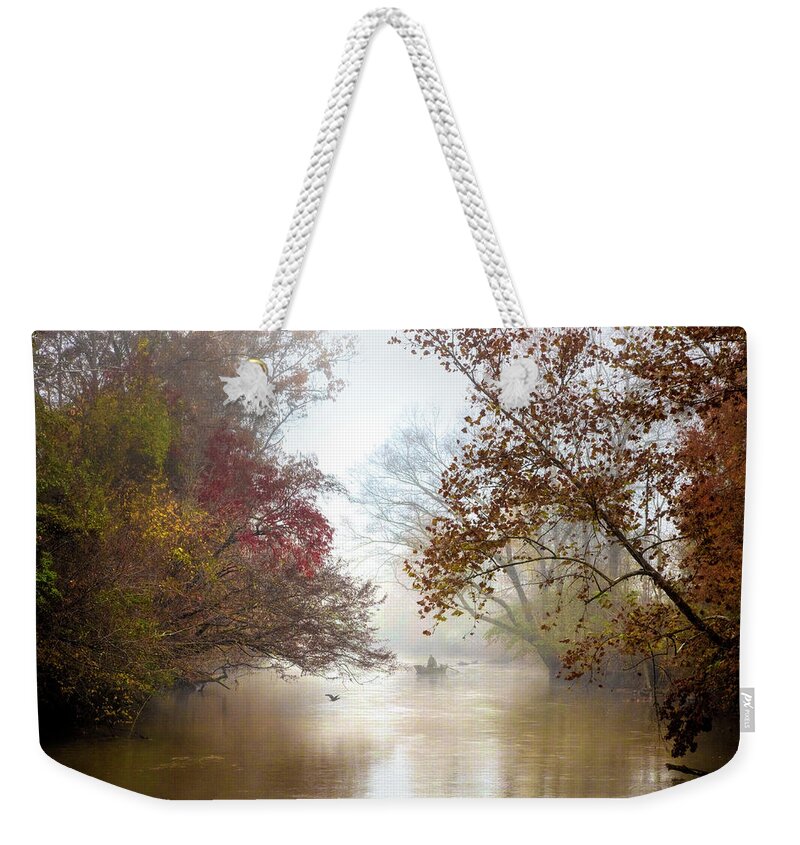 Fog Weekender Tote Bag featuring the photograph Into the Mist of Autumn by Debra and Dave Vanderlaan