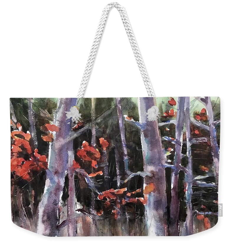 Forest Weekender Tote Bag featuring the painting Into the Woods by Judith Levins
