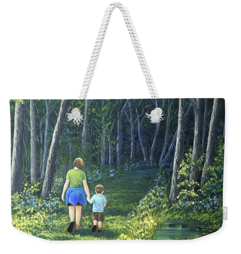 Into Weekender Tote Bag featuring the painting Into the Woods by Sarah Irland
