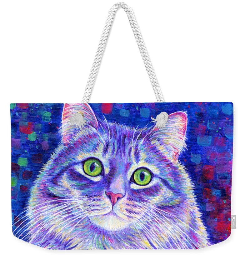 Gray Tabby Weekender Tote Bag featuring the painting Iridescence - Colorful Gray Tabby Cat by Rebecca Wang