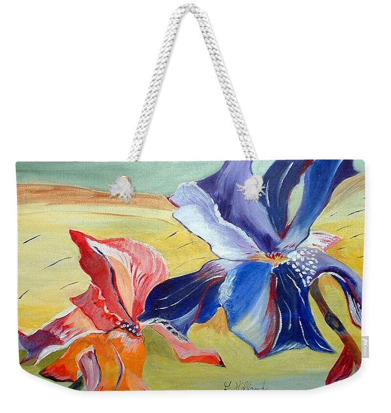 Iris Weekender Tote Bag featuring the painting Irises in the wind by Genevieve Holland
