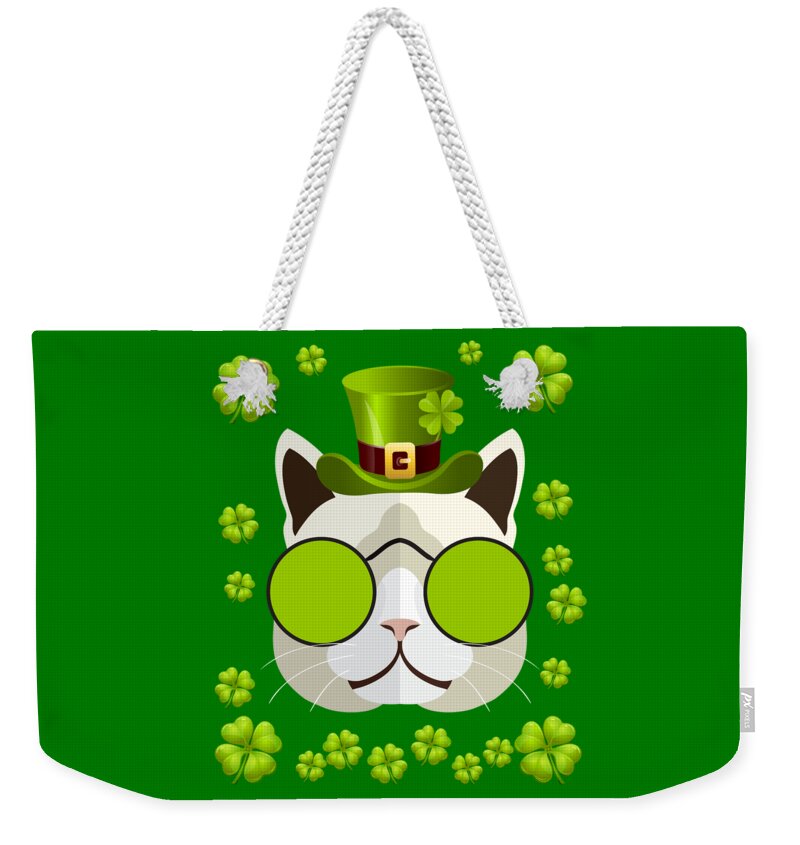 Funny Weekender Tote Bag featuring the digital art Irish Leprechaun Cat by Flippin Sweet Gear