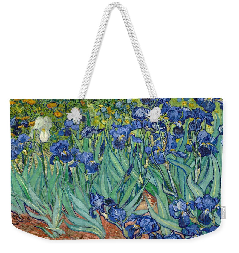 Irises Weekender Tote Bag featuring the painting Irises by Vincent Van Gogh
