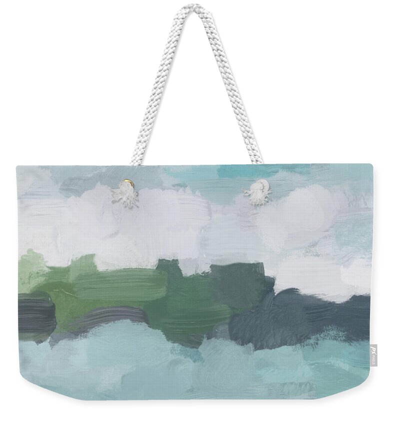 Aqua Blue Green Teal Weekender Tote Bag featuring the painting Island in the Distance II by Rachel Elise