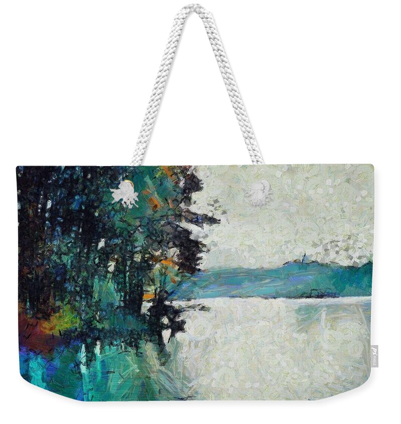 Island Weekender Tote Bag featuring the mixed media Island on Lake Arthur by Christopher Reed