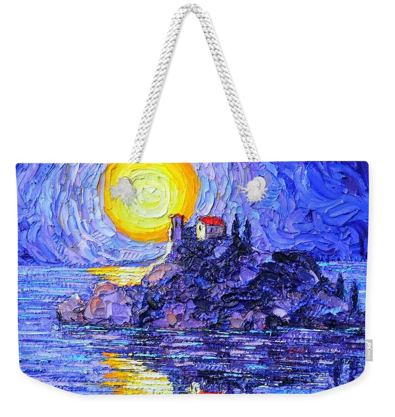 Sicily Weekender Tote Bag featuring the painting ISOLA BELLA BY MOON Italy Sicily island textural impasto palette knife painting Ana Maria Edulescu  by Ana Maria Edulescu