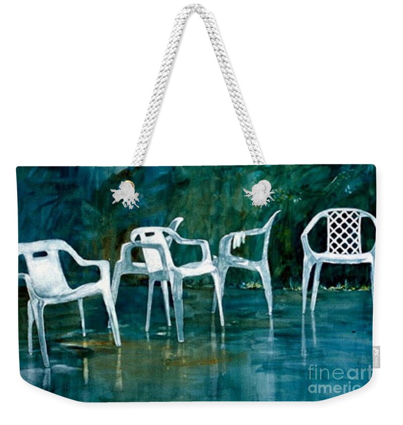 Empty Chairs Weekender Tote Bag featuring the painting Drip Dry by Elizabeth Carr